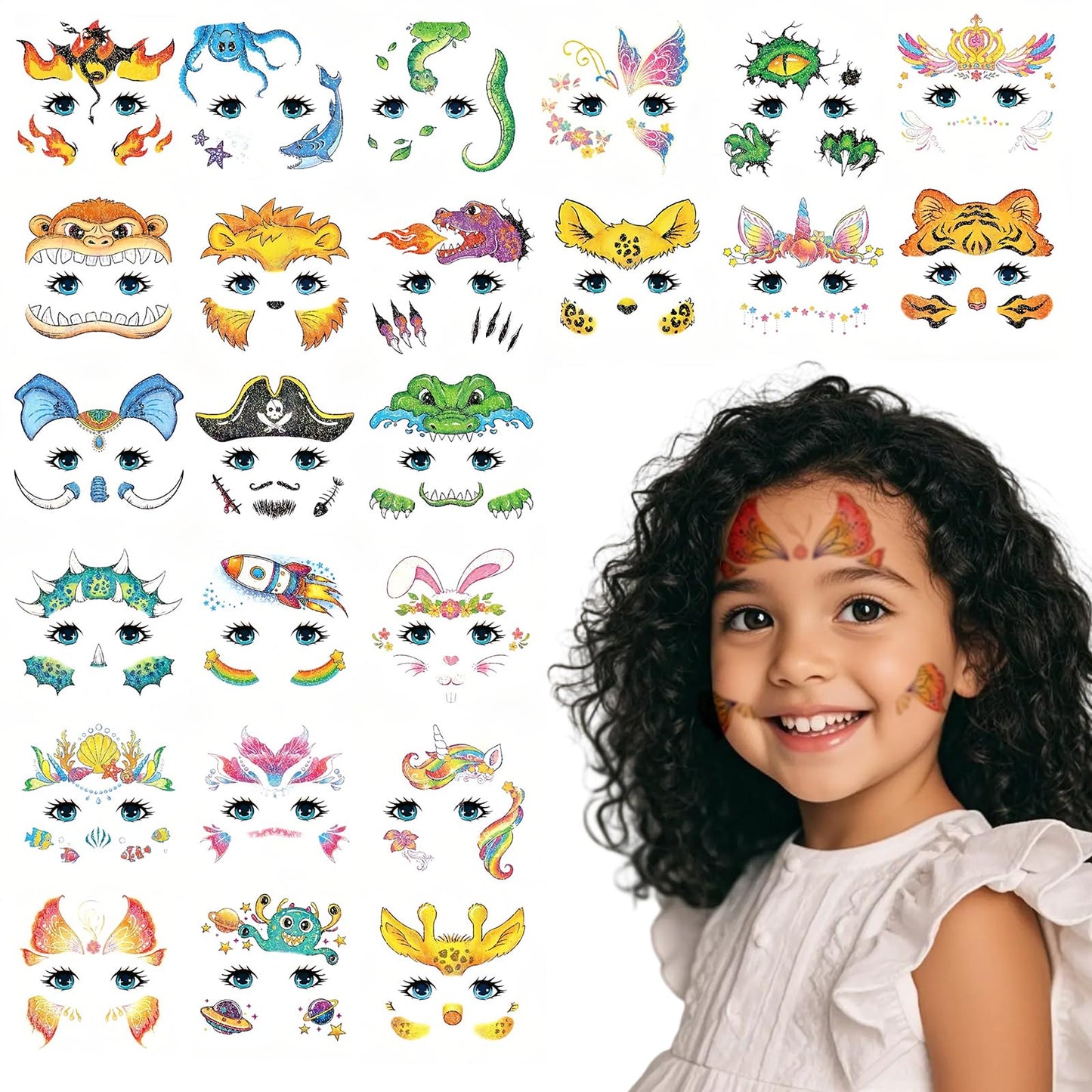 Makoto Nobu 24 Sheets Face Tattoos for Kids, Temporary Tattoo Stickers