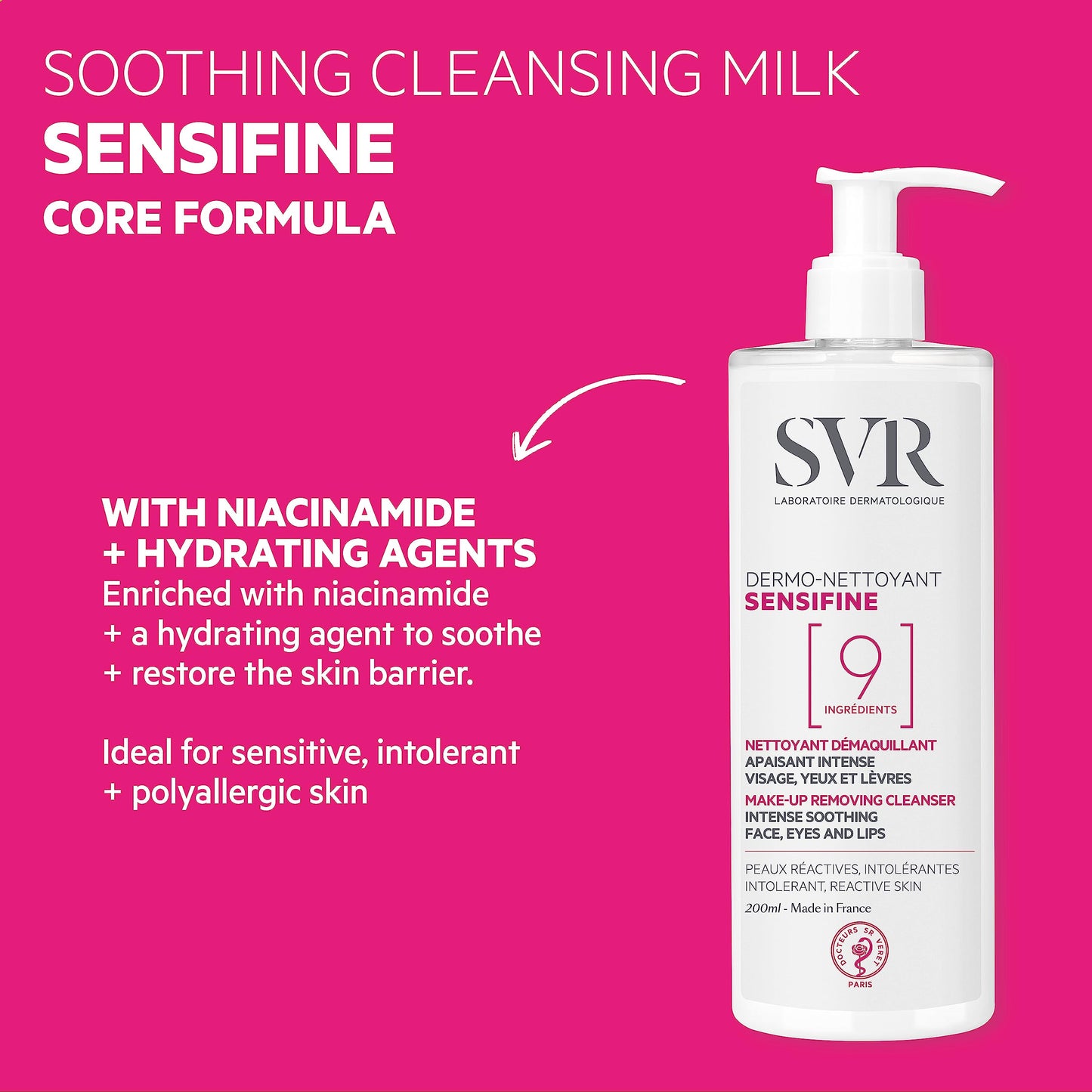SVR SENSIFINE Soothing Ultra-Gentle Face, Eyes & Lips Cleansing Milk / Makeup Remover for Sensitive, Reactive Skin, 9-Ingredient Minimalist Formula, 400ml