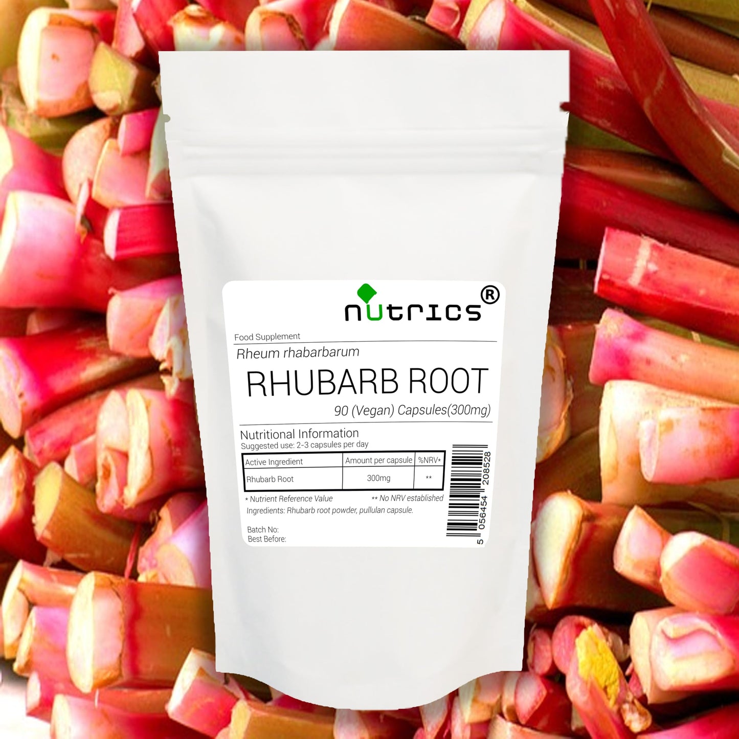 Nutrics® Rhubarb Root 300mg - Supplement - Suitable for Vegan Vegetarian Halal & Kosher Diet - Pure Rheum rhabarbarum – 100% Pure - 180 Vegan Capsules (2 Month Supply) (180)