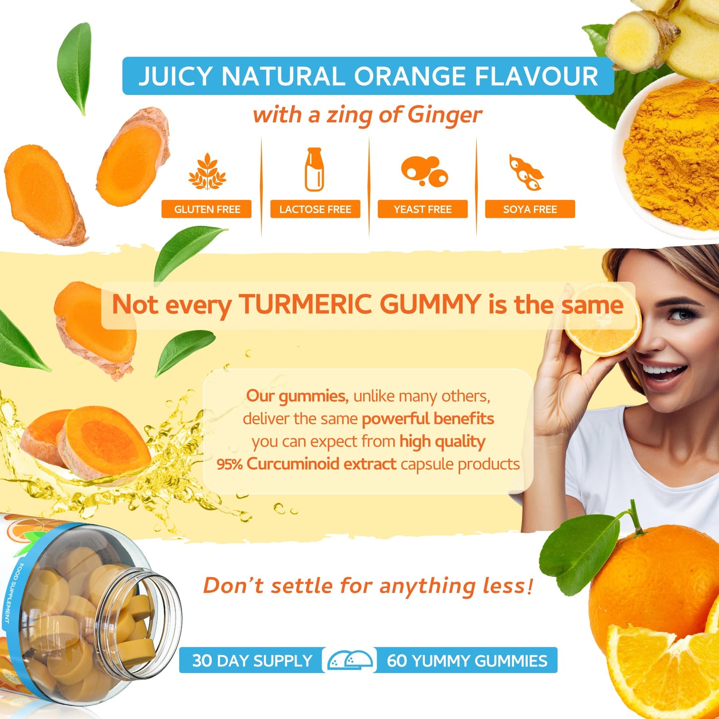 swiss bioenergetics Turmeric Curcumin Gummies with Ginger - 60 Natural Orange Flavour Juicy Yummy Gummies – with a Huge 95% curcuminoids, Vegan & Gelatin Free – 30 Day Supply for Men, Women & Children – Made in The UK