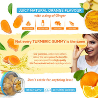 swiss bioenergetics Turmeric Curcumin Gummies with Ginger - 60 Natural Orange Flavour Juicy Yummy Gummies – with a Huge 95% curcuminoids, Vegan & Gelatin Free – 30 Day Supply for Men, Women & Children – Made in the UK