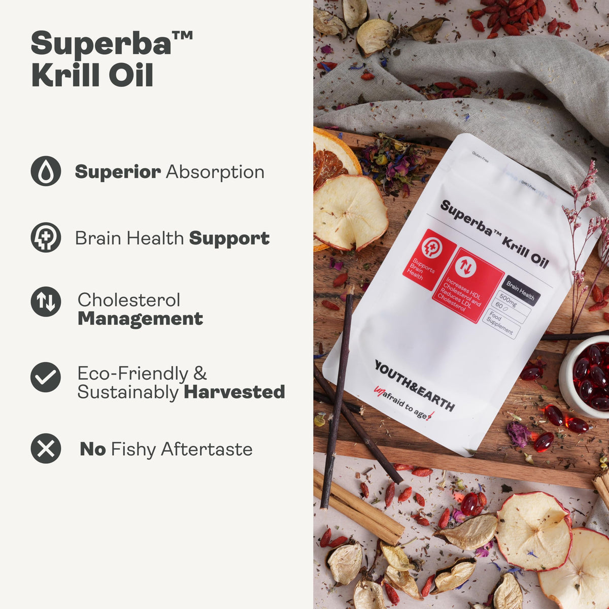 Youth & Earth Superba™ Red Krill Oil 500mg - Astaxanthin & EPA DHA Omega 3 Supplements for Brain Health, Heart Support & Cholesterol Management | 60 Softgels