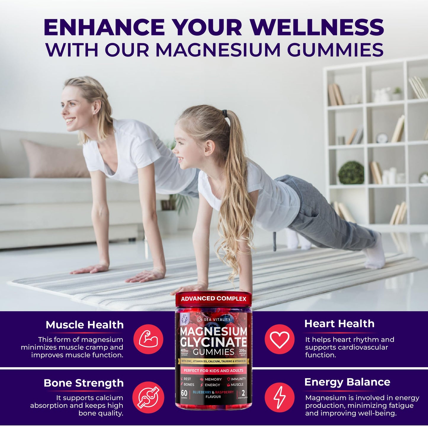 Magnesium Gummies for Kids & Adults - Magnesium Glycinate 400mg with Malate, Zinc, D3, B6 & Taurine – Blueberry & Raspberry Flavours