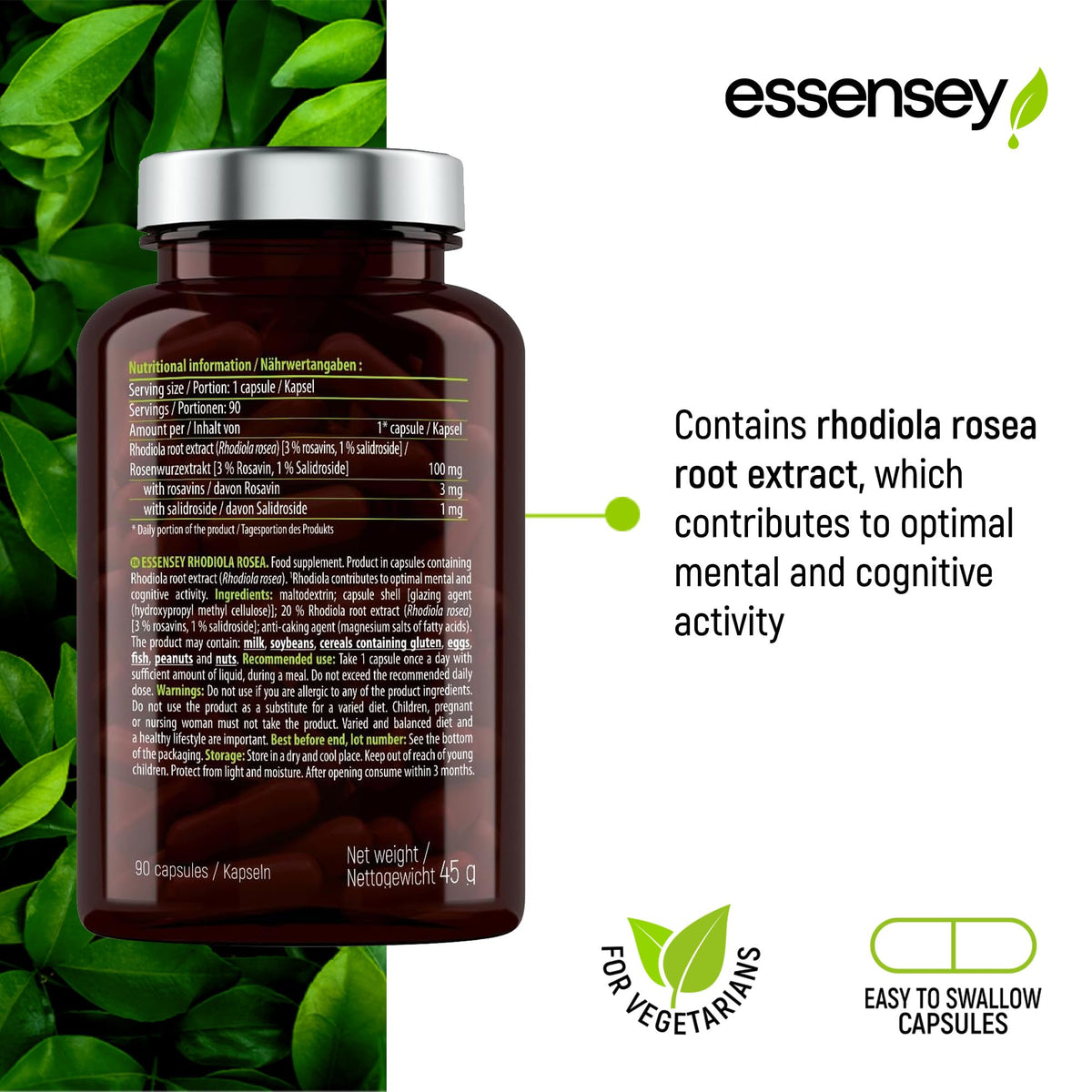ESSENSEY Essensey Rhodiola Rosea Extract - 100mg - Enhancement of Cognitive Function and Circulatory Support | Optimal Brain and Gastrointestinal Function | Supplement | 90 Vegetarian Capsules