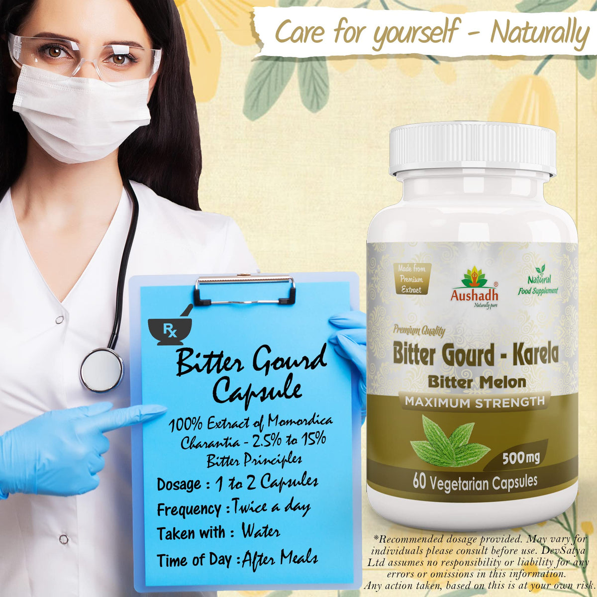 Aushadh Bitter Gourd Karela Capsules, Pure Herbal Supplement, 100% Vegetarian