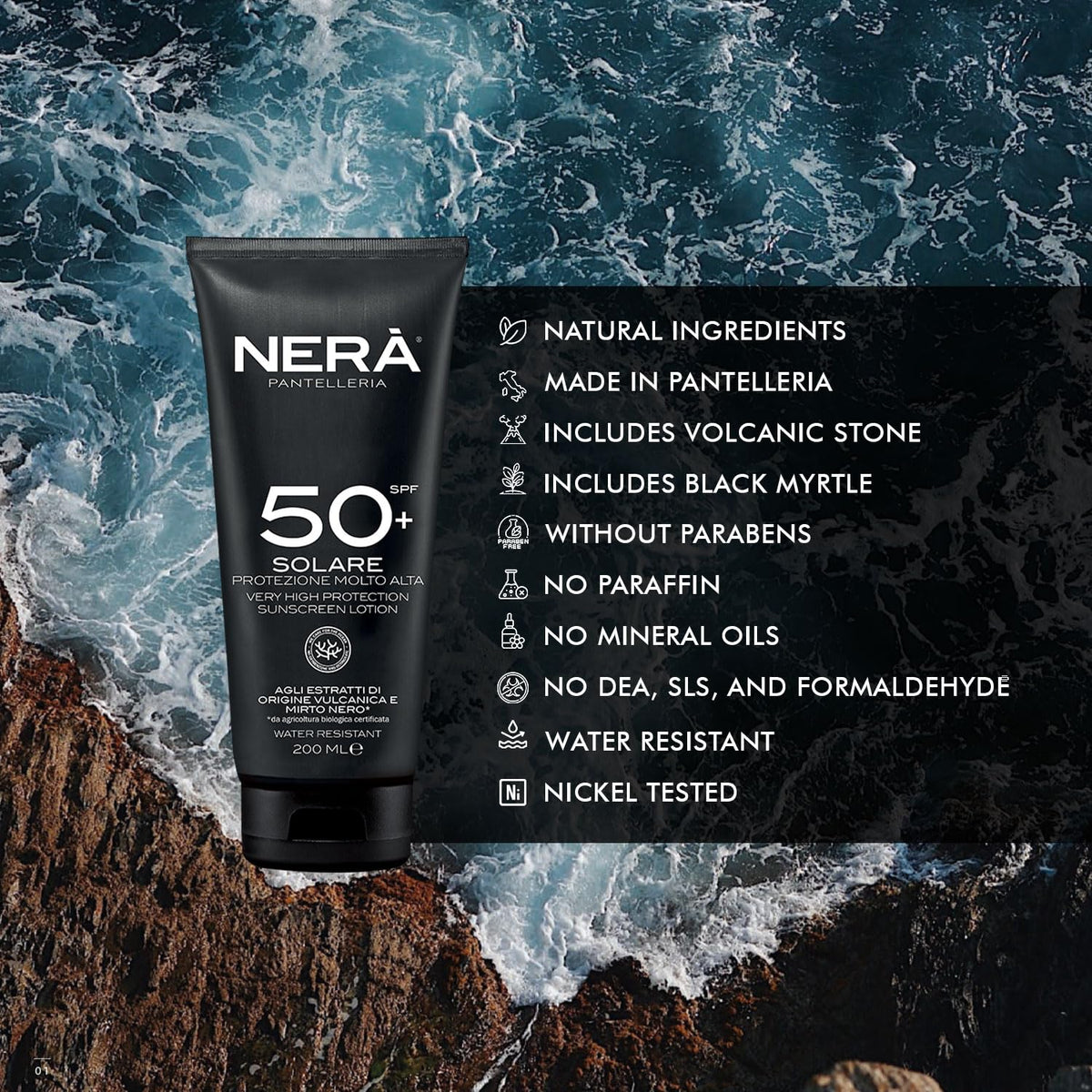 Nera Pantelleria NERA Pantelleria Water Resistant SPF50+ Very High Protection Sunscreen Lotion 200ML - Nourishing Face Sun Cream with UVA/UVB Filters, Prevents Dehydration & Skin Aging For Men and Women