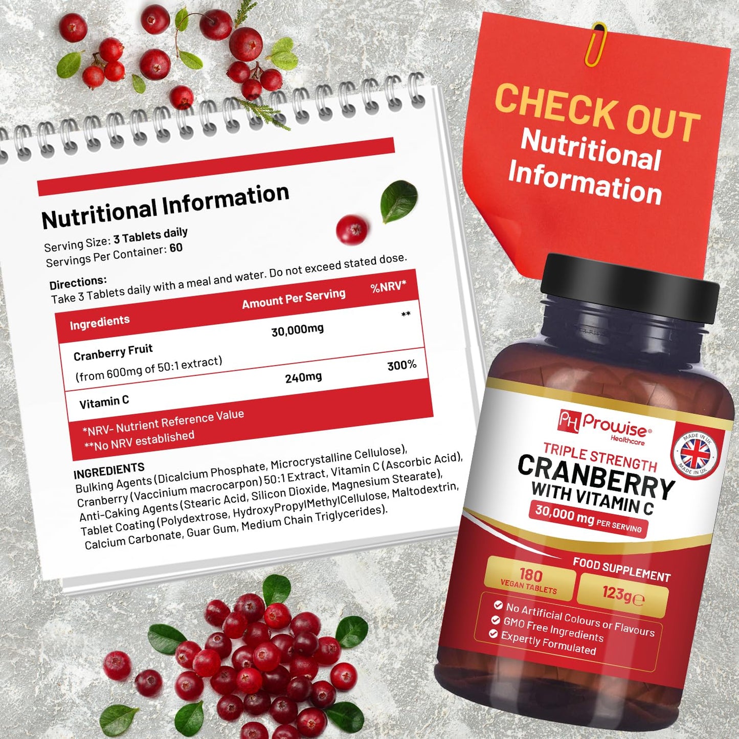 PH PROWISE Healthcare Triple Strength Cranberry 30,000mg Added with Vitamin C - 180 Vegan Tablets I UTI Support for Women I Easy to Swallow Tablets I Made in The UK by Prowise Healthcare