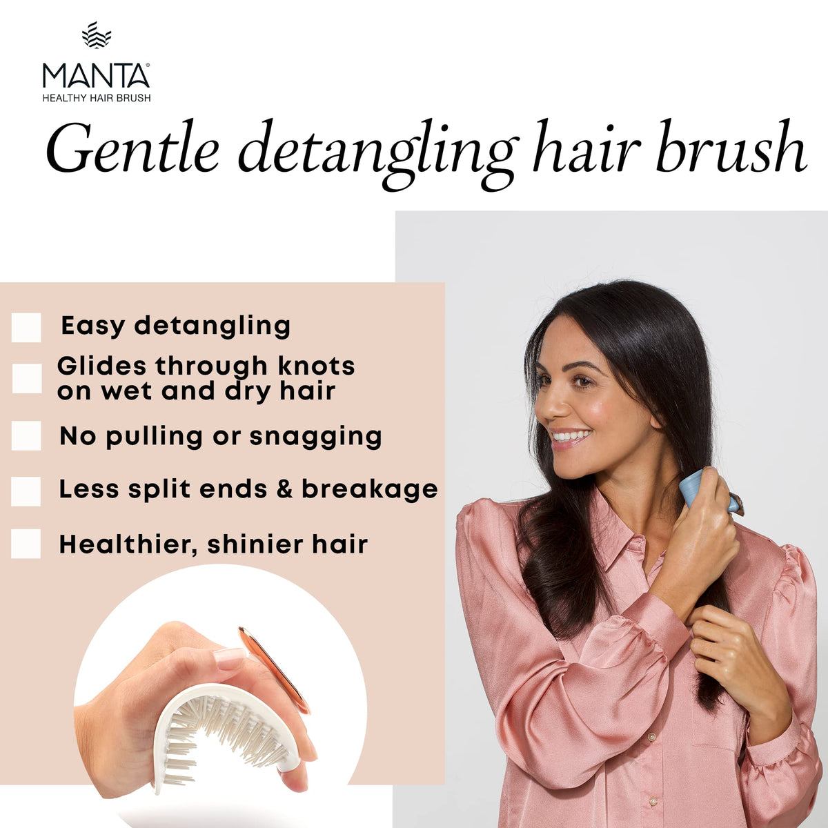 MANTA Manta Detangle Hair Brush, Shower Scalp Massager Shampoo Brush Detangler, Promote Healthy Hair Growth, Premium Wet Tangle Hairbrush, Curly Hair Teaser, Hairbrushes for Women Men Kids, Pink