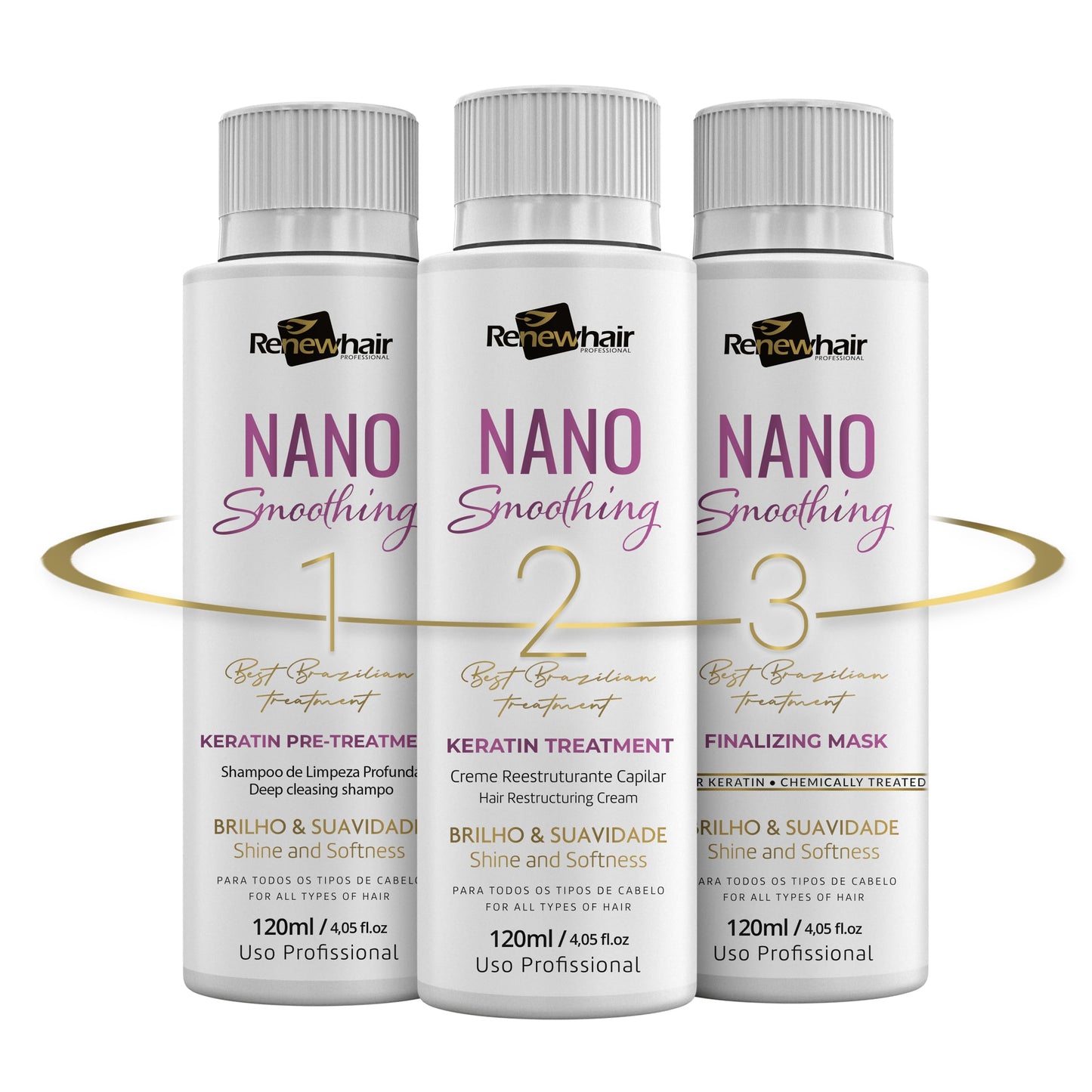 RENEW HAIR PROFESSIONAL NANO Smoothing System Hair Straightening Brazilian Treatment Hair Straightening ,Smooths, Strengthens, Softens Formaldhendy Free Keratin Smooth Renew , Vegan 3x 120ml