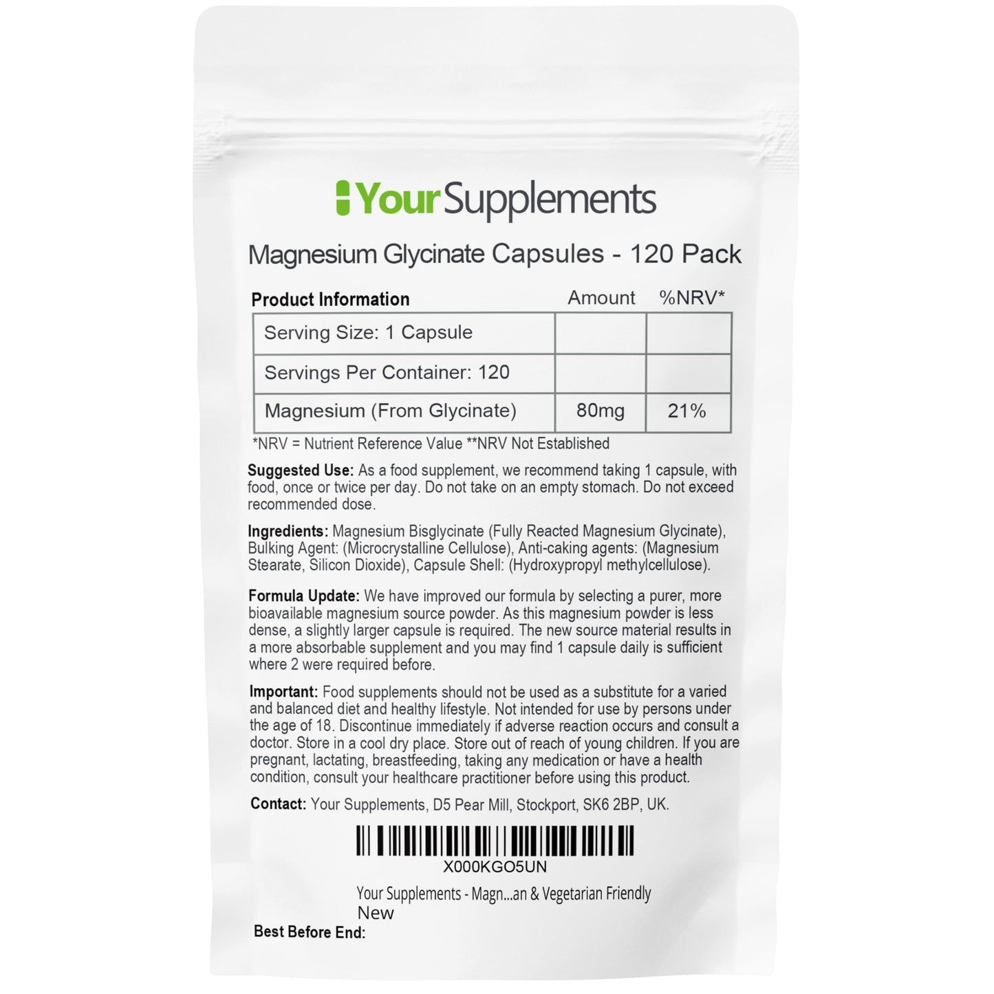 YourSupplements Magnesium Glycinate by Your Supplements | UK Made | True Unblended Bisglycinate | 120 High Absorption Capsules | Suitable for Vegetarians & Vegans