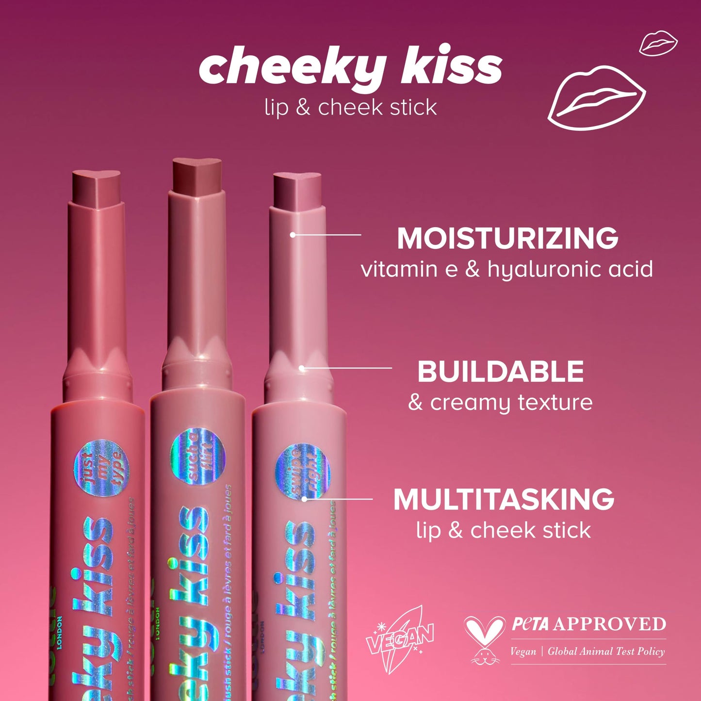 Lottie London Cheeky Kiss in Such a Flirt, Multi-tasking Lip & Cheek Color Stick, Easy-to-apply Blusher & Lipstick, Infused with Hyaluronic Acid & Vitamin E