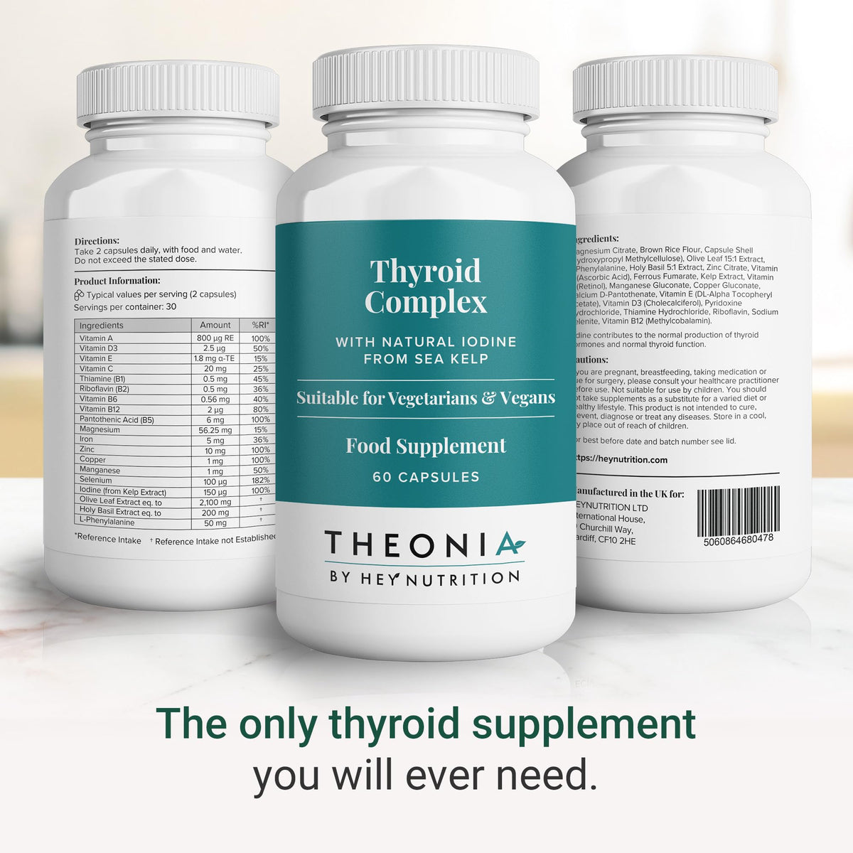 Theonia Thyroid Complex Supplement - Copper, Iron, Zinc, Selenium, Vitamin B Blend - Advanced Thyroid Function - 60 Capsules/30 Servings - Non-GMO, Vegan