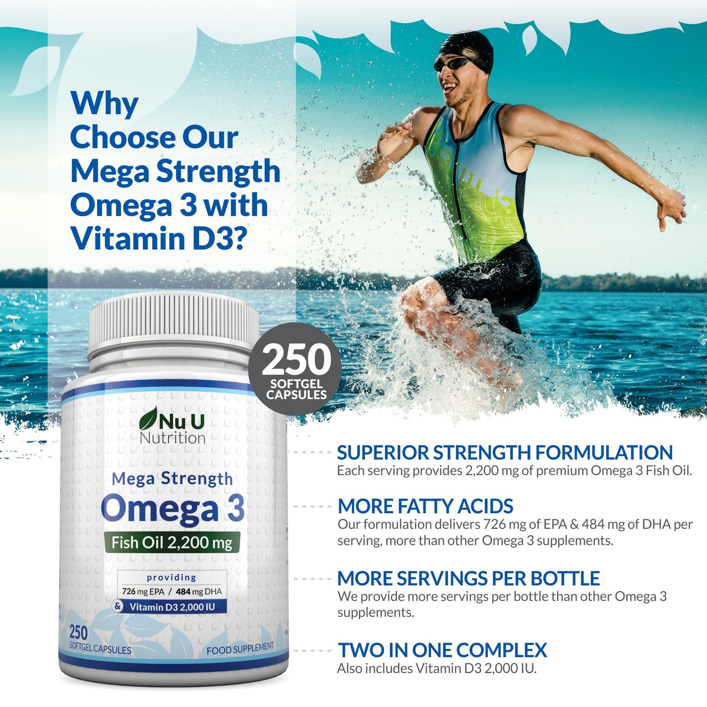 Omega 3 Fish Oil 2200mg & Vitamin D3 2000IU - 250 Capsules Over 4 Month Supply - 720mg EPA & 480mg DHA per Serving High Strength 1100mg Fish Oil per Capsule