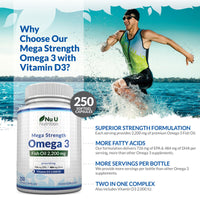 Omega 3 Fish Oil 2200mg & Vitamin D3 2000IU - 250 Capsules Over 4 Month Supply - 720mg EPA & 480mg DHA per Serving High Strength 1100mg Fish Oil per Capsule