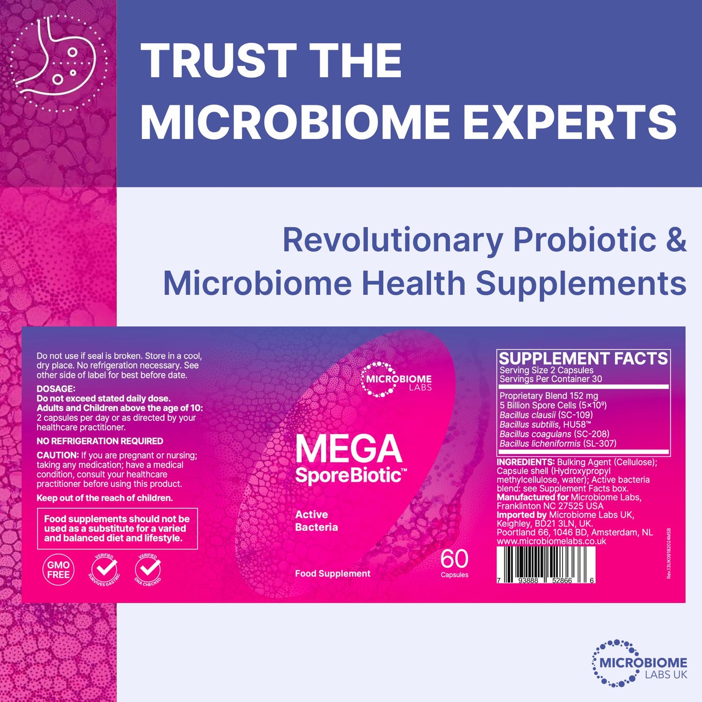 Microbiome Labs MegaSporeBiotic Spores Only - Spore Based Probiotic Daily Supplement to Boost Akkermansia, 4 Bacillus Strains for Gut Health Support for Men & Women, Vegan Probiotics (60 Capsules)