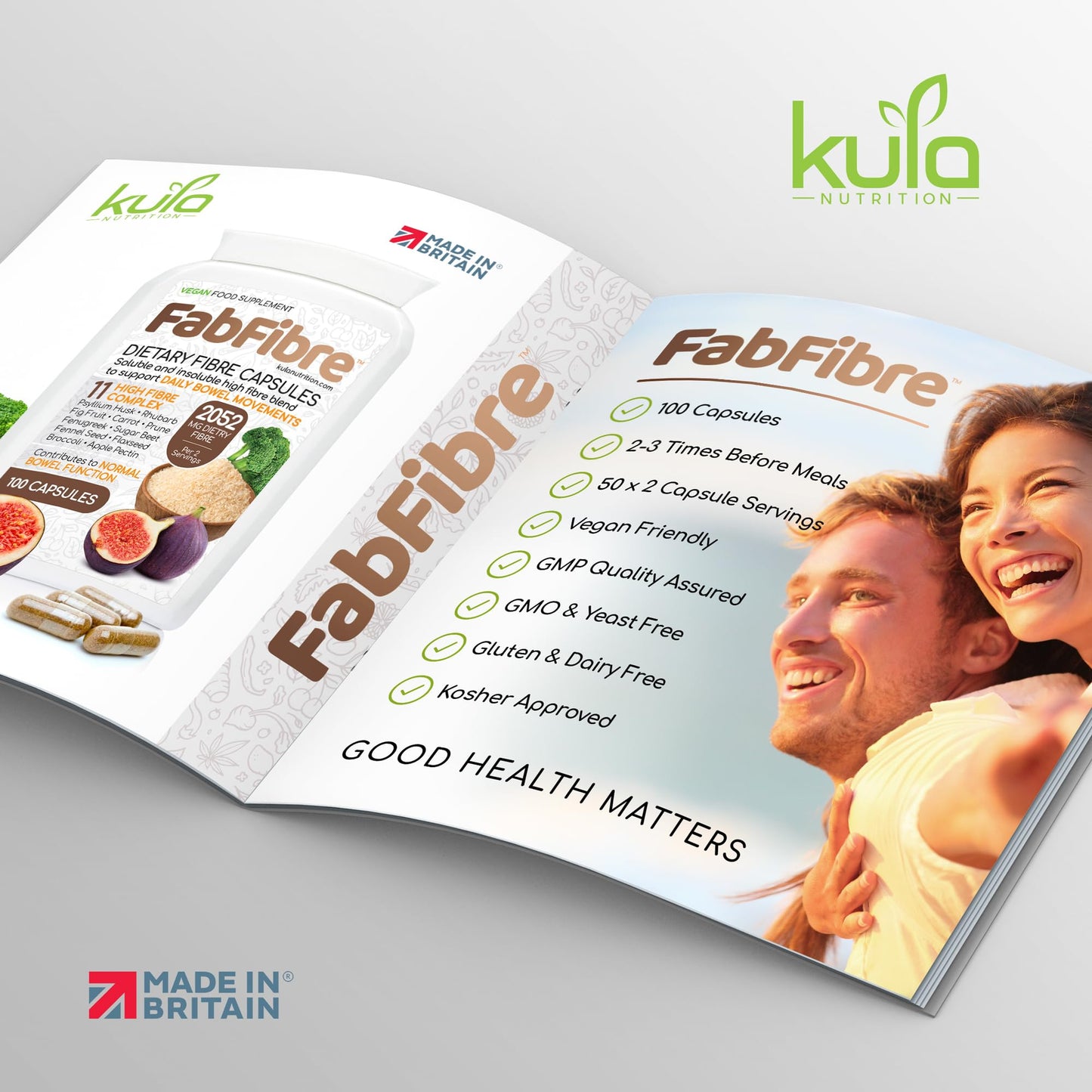 Kula Nutrition FabFibre - Psyllium Husk Complex - Dietary Fibre Supplement - 11 High Fiber Insoluble and Soluble Foods - Rhubarb, Broccoli, Flaxseed, Apple Pectin - Normal Bowel Function Support - 100 Vegan Capsules