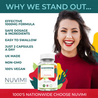 D Mannose 120 Capsules, 1000 mg per Dose, Promotes Urinary Tract Health, Natural Vegan UTI Defence by NUVIMI®