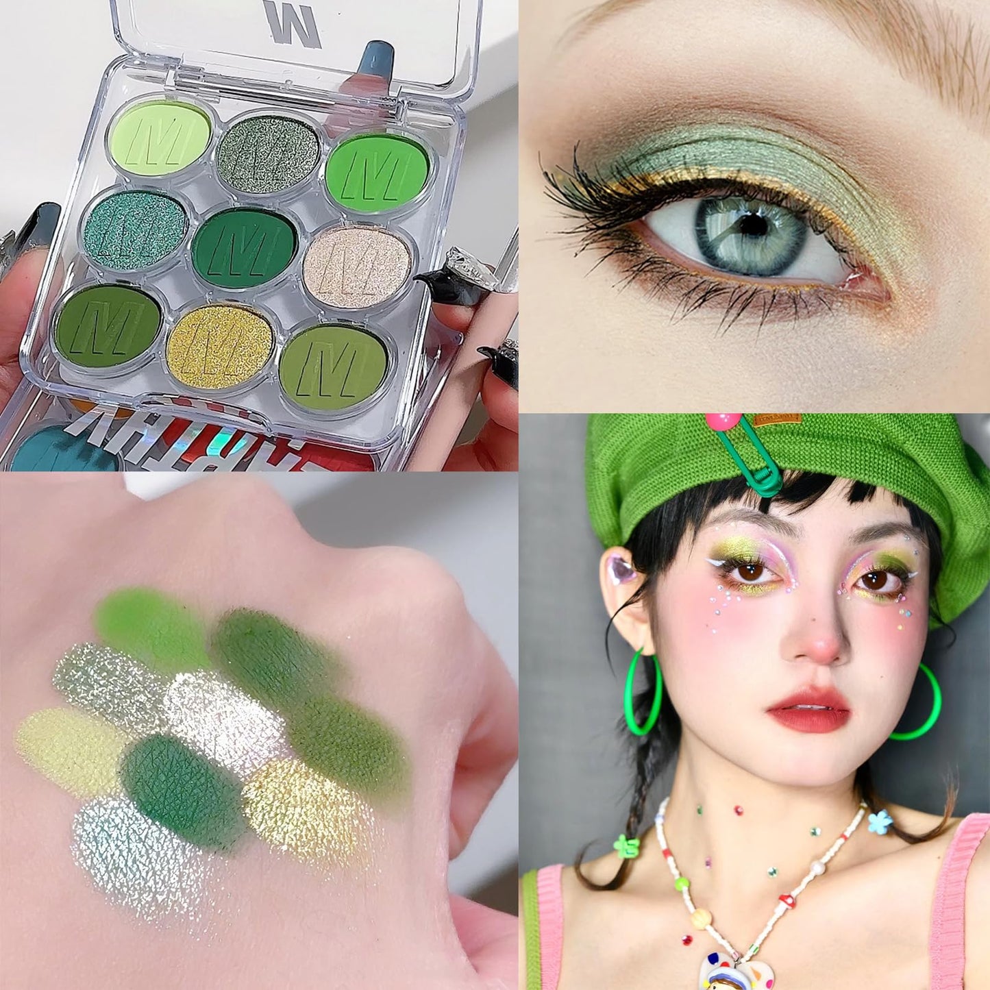 QUIWEN Green Eyeshadow Palette, 9 Colours Glitter Eye Shadow Makeup, Green Eye Shadow Pallets For Women, Shiny Sparkle Shimmer Matte Green Eyeshadow, Yellow White Mint Green MakeUp Palette with Brush