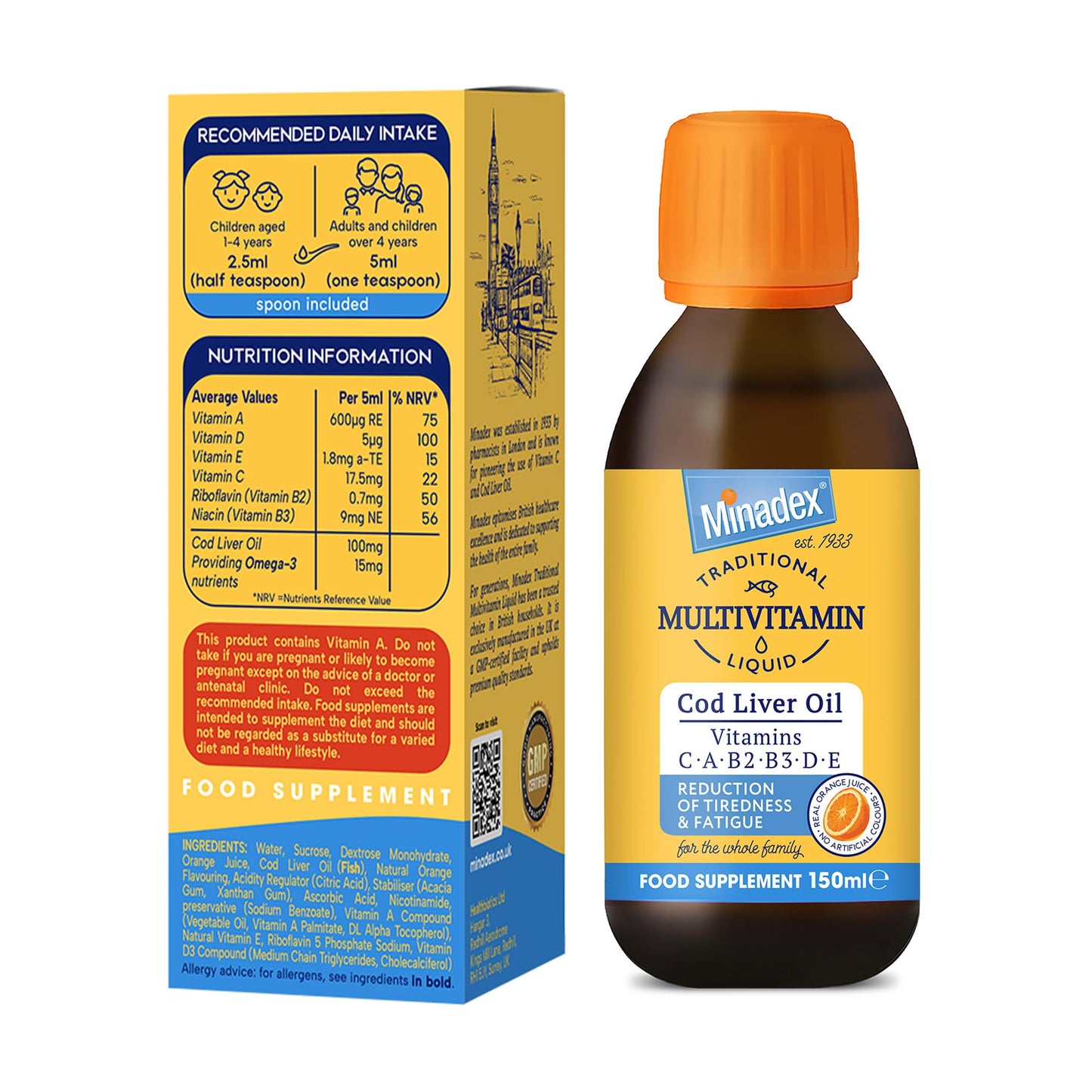 Minadex Multivitamin Liquid 150 ml – Cod Liver Oil + Vitamin C, A, B2, B3, D & E | Immune Support | Energy & Bone Health | Natural Orange Flavour | 1 Month Supply | Spoon Included | Made in UK