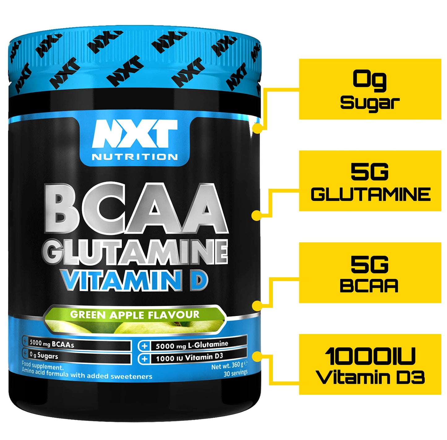 NXT Nutrition BCAA, Glutamine & Vitamin D | BCAAs Amino Acids with Vitamin D3 and L-Glutamine - for Recovery, Gut Health and Muscle Protein Synthesis | 360g - 30 Servings (Apple)