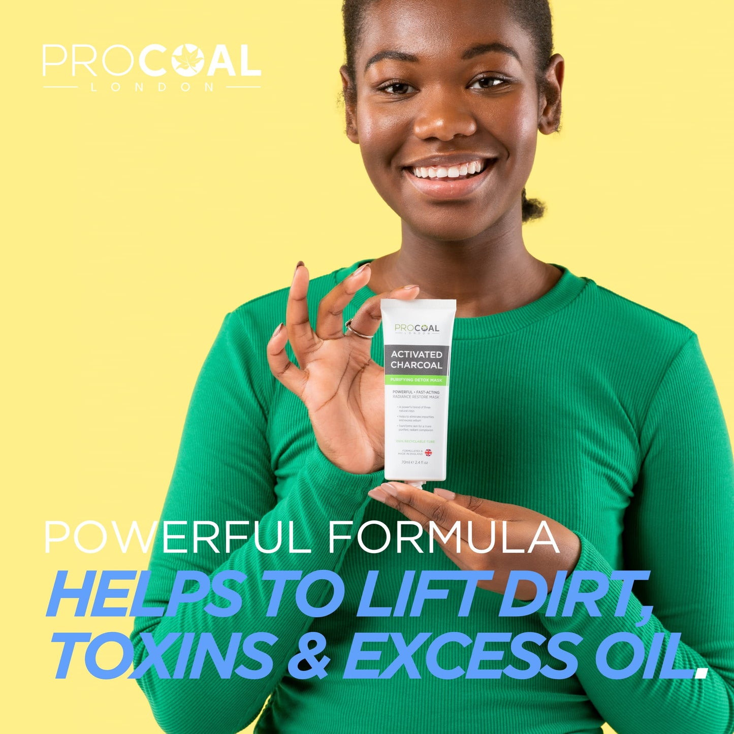 Charcoal Face Masks Skincare for Men and Women 70ml by Procoal - Clay Mask Targets Clogged Pores, Impurities, Toxins & Excess Oil, 100% Recyclable Packaging, Cruelty-Free - Made in UK