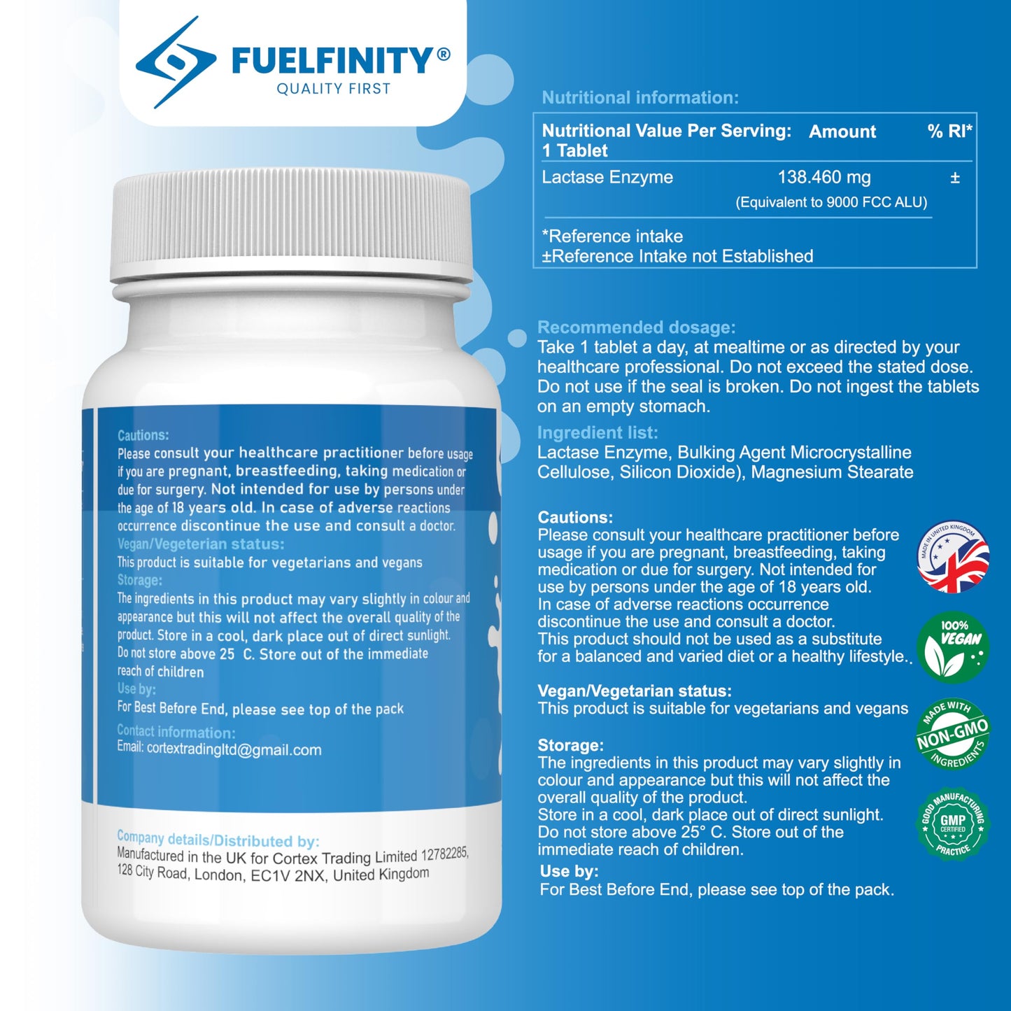 Efficient Lactase Tablets - 250 Days Supply - Lactose Intolerance Tablets 9000 FCC ALU High Strength - Aids in Lactose Digestion - FuelFinity® Excellent Manufacturing Standards (1 Pack)