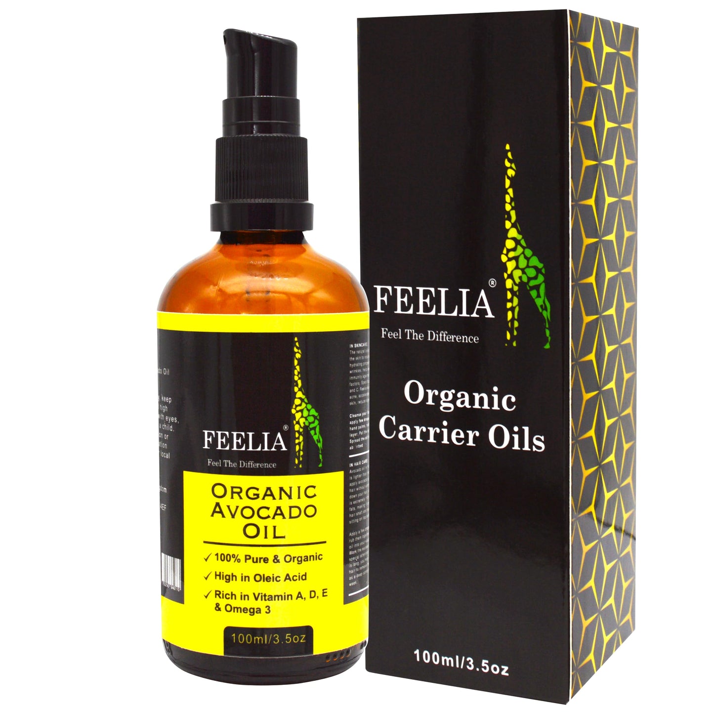 Feelia - Organic Avocado Oil - Cold Pressed, Rich in Vitamins A, D, E & Omega 3, High in Oleic Acid, 100% Pure & Organic - 100ml