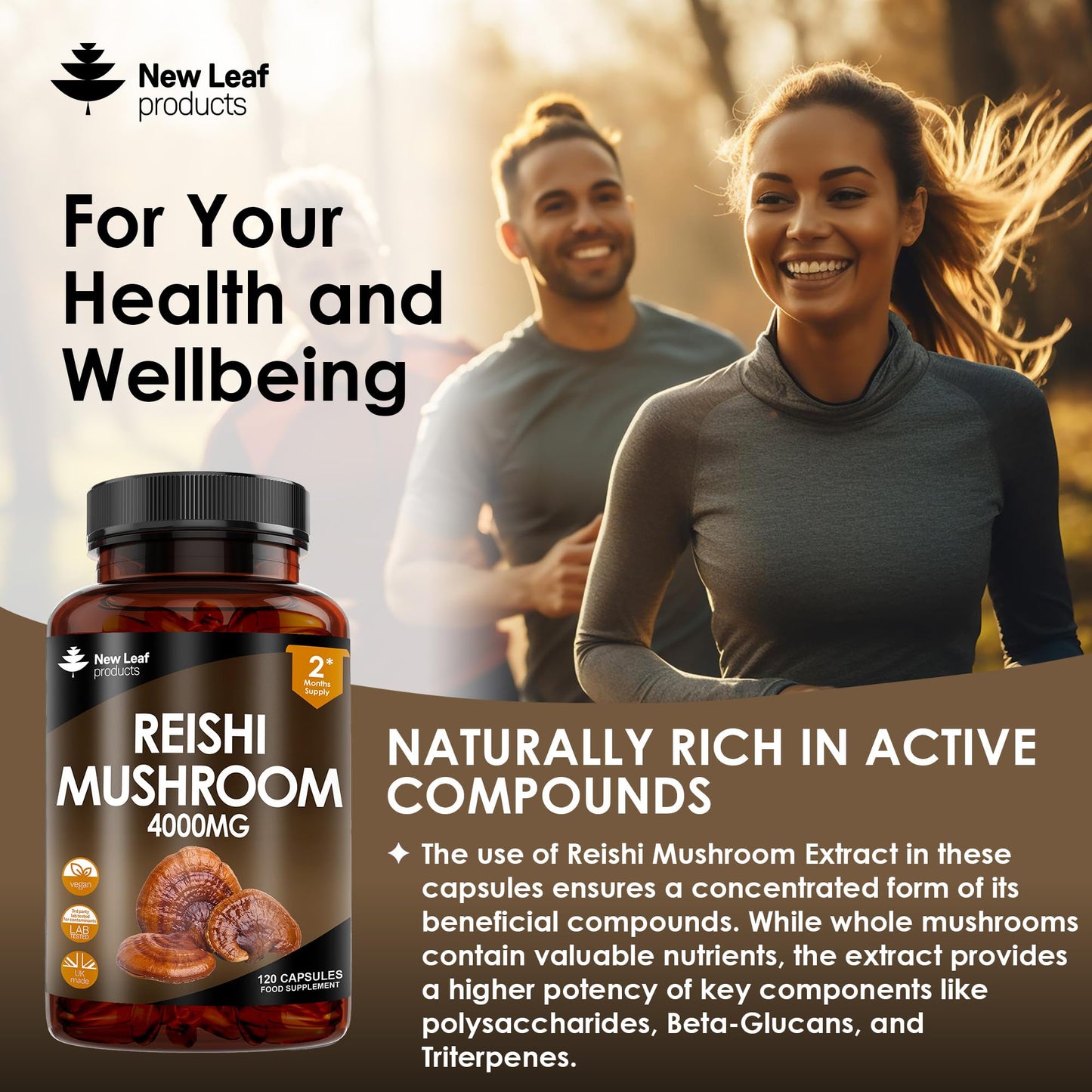 NEW LEAF PRODUCTS Reishi Mushroom Capsules - High Strength 4000mg Mushroom Supplements - 120 Vegan Mushroom Powder Capsules - Reishi Supplement 100% from the Fruiting Body Made in UK by New Leaf