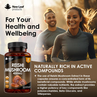 NEW LEAF PRODUCTS Reishi Mushroom Capsules - High Strength 4000mg Mushroom Supplements - 120 Vegan Mushroom Powder Capsules - Reishi Supplement 100% from the Fruiting Body Made in UK by New Leaf