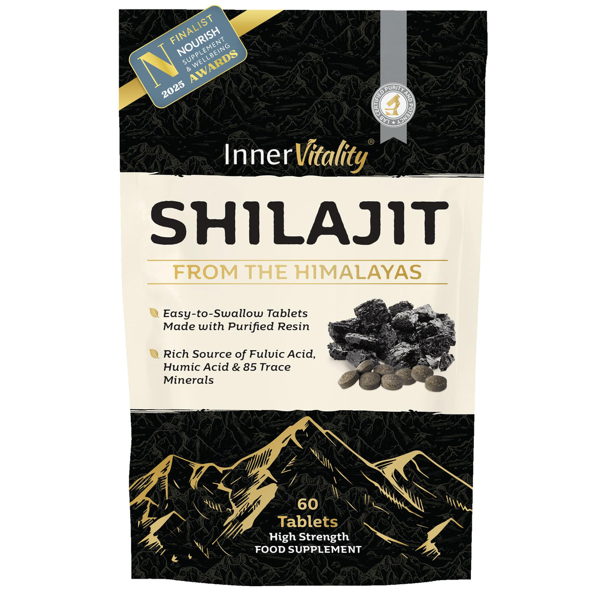 Shilajit Resin Tablets Gold Standard Himalayan Shilajit 79% Fulvic Acid, Third-Party Tested. 60 Tablets - Minerals, Immune System & Energy by Inner Vitality