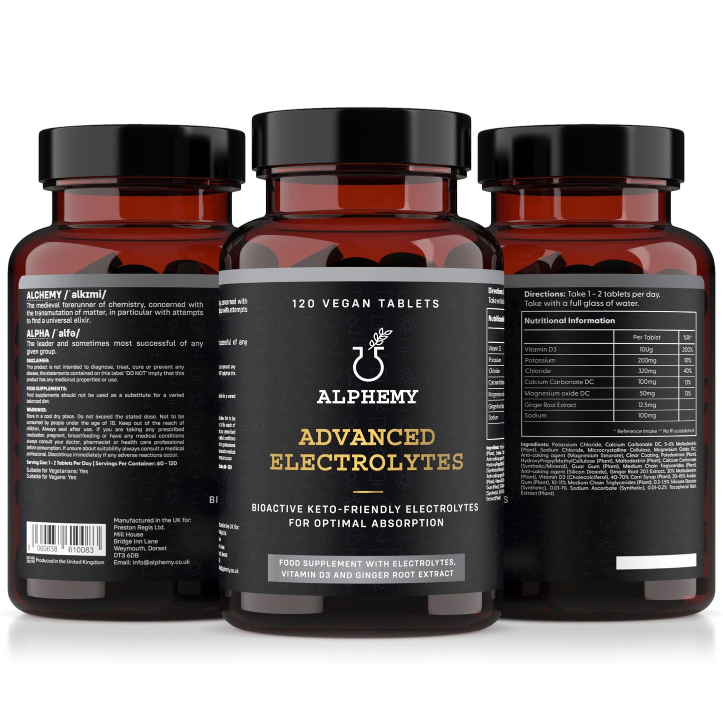 Advanced Electrolyte Complex, x120 Tablets Enhanced with Ginger Root Extract, Vitamin D3 & Magnesium. High Performance Salts for Fasting, Keto & Vegan Friendly, UK Made Alphemy