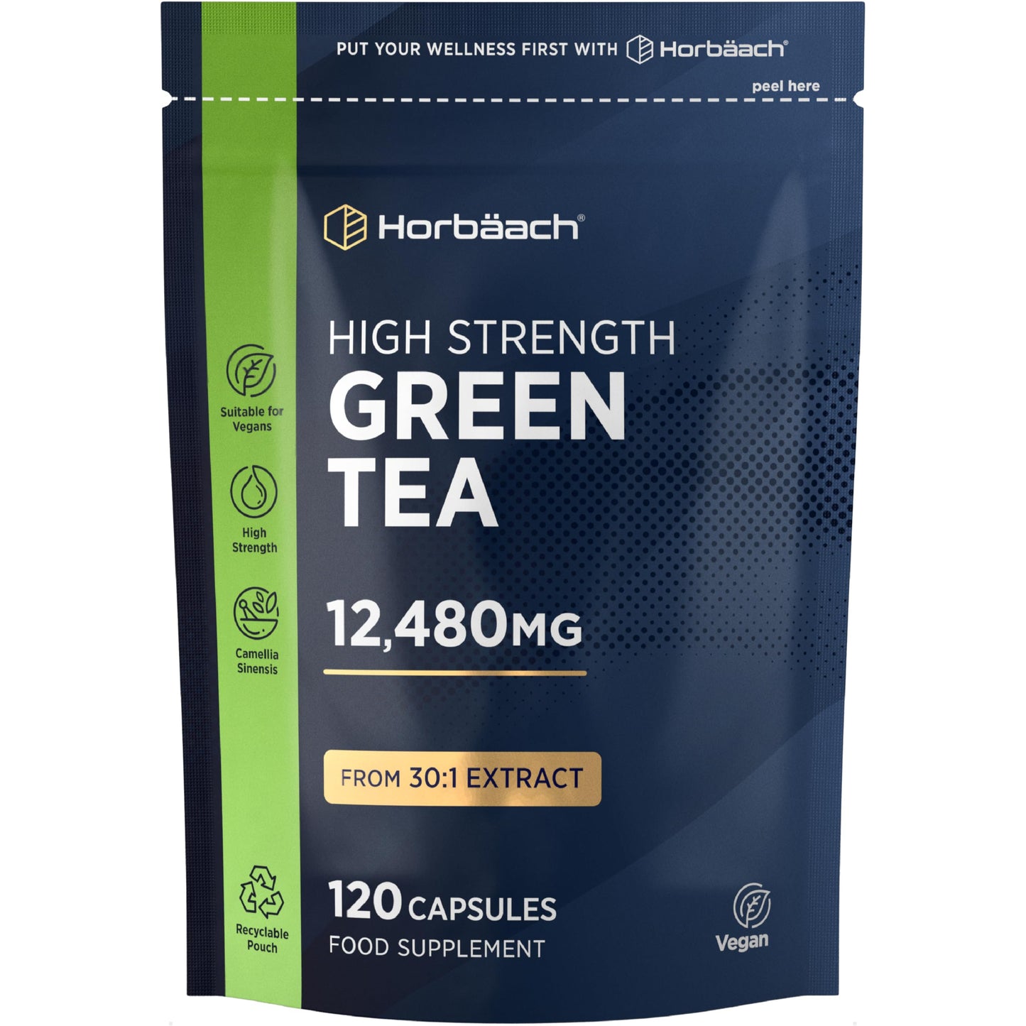 Horbäach Green Tea Capsules 12,480mg | High Strength Green Tea Extract | Contains Polyphenols | 120 Powder Capsules | Vegan | by Horbaach