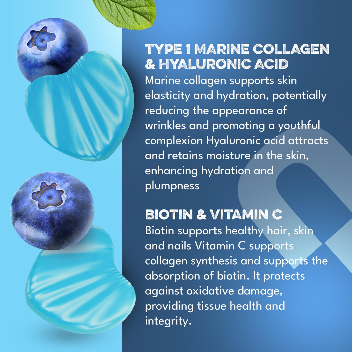 supplmnt. Supplmnt. Marine Collagen Gummies, Hydrolysed Collagen Peptides with Biotin, Hyaluronic Acid & Vitamin C, Supplements for Women & Men, for Skin, Hair & Nails, Blueberry