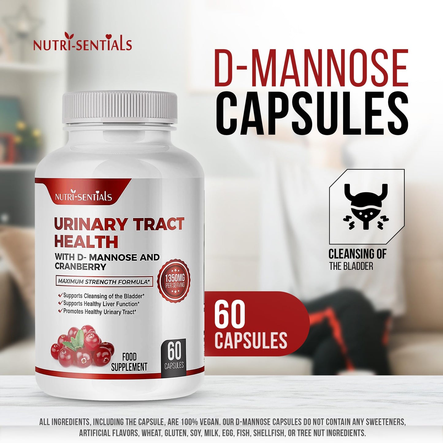 Nutri-Sentials Urinary Health Support D-Mannose Capsules with Cranberry Extra Strength Support 1350mg Function and Bladder Tract Support