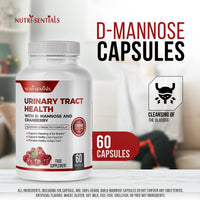 Nutri-Sentials Urinary Health Support D-Mannose Capsules with Cranberry Extra Strength Support 1350mg Function and Bladder Tract Support