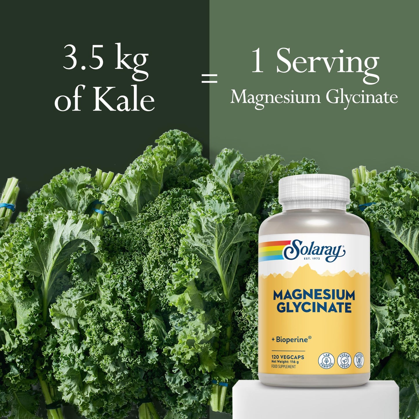 SOLARAY Magnesium Glycinate - 120 Vegan Capsules - High Strength Magnesium Bisglycinate Supplement - with Added Bioperine Black Pepper for Gentle Digestion - Lab Verified - Solaray