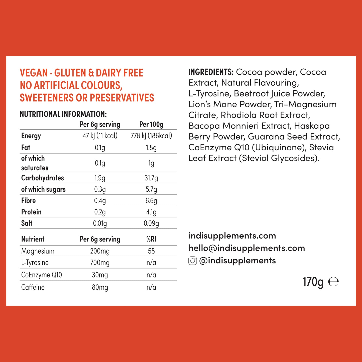 Indi Mind Supplement - Plant-Based Nootropic Powder for Brain Function - Improves Focus, Supports Memory and Combats Fatigue - Cocoa and Berry Flavour - 170g (28 Servings)