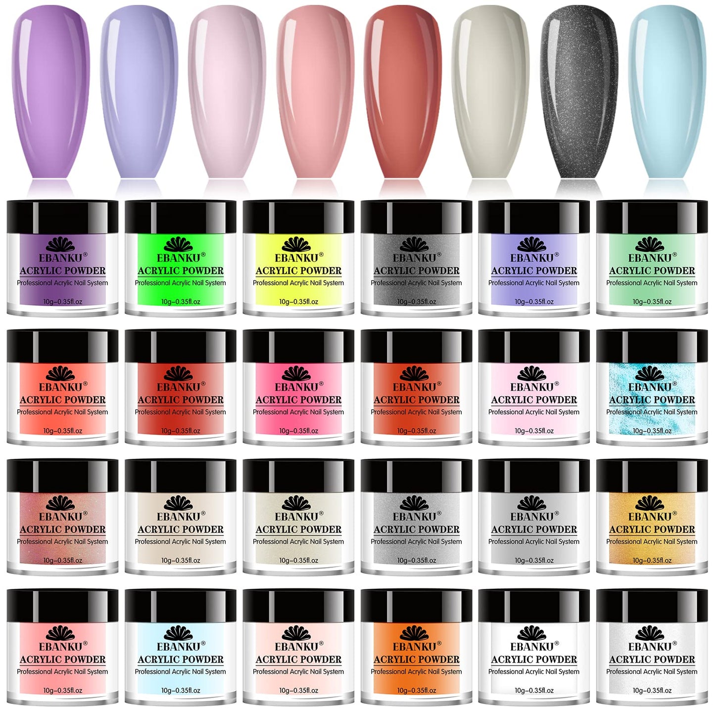 EBANKU Acrylic Powder Set, 24 Colors Acrylic Powder Professional Acrylic Nail Powder for Nail Acrylic Extension, Nail Carving, Long-Lasting, No Nail Lamp Needed