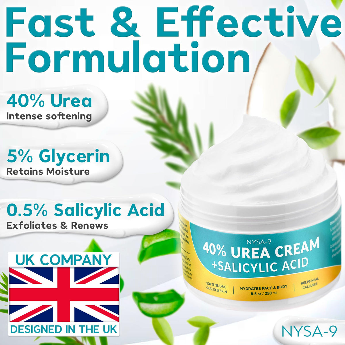 NYSA-9 Ultra-Hydrating 40% Urea Foot Cream 250 ml/8.5oz Plus 0.5% Salicylic Acid for Dry, Cracked Feet, Heels & Hands, Intensive Moisturizer & Skin Barrier Repair for Calluses & Psoriasis by Nysa-9