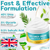 NYSA-9 Ultra-Hydrating 40% Urea Foot Cream 250 ml/8.5oz Plus 0.5% Salicylic Acid for Dry, Cracked Feet, Heels & Hands, Intensive Moisturizer & Skin Barrier Repair for Calluses & Psoriasis by Nysa-9