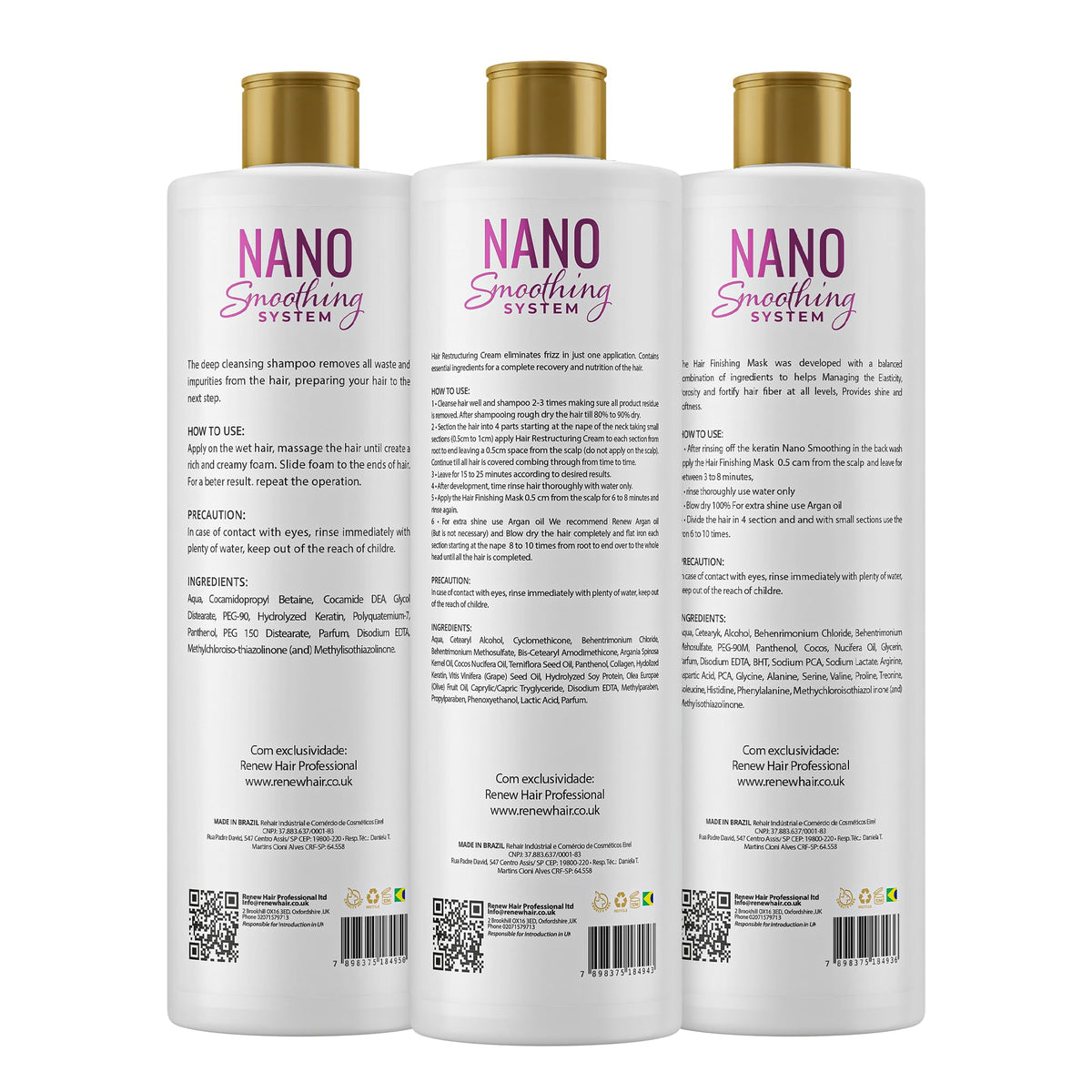 RENEW HAIR PROFESSIONAL NANO Smoothing System Hair Straightening Brazilian Treatment Hair Straightening ,Smooths, Strengthens, Softens Formaldhendy Free Keratin Smooth Renew , Vegan 3x 120ml