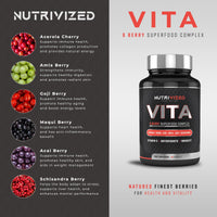 Nutrivized Vita - 6 Berry Complex with Acerola Cherry, Maqui Berry, Acai Berry, Amla Berry, Goji Berry & Schisandra High in Vitamin C and antioxidants