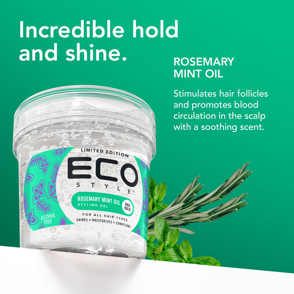 Eco Style Rosemary Mint Hair Gel, Alcohol Free, Vegan, 473 ml