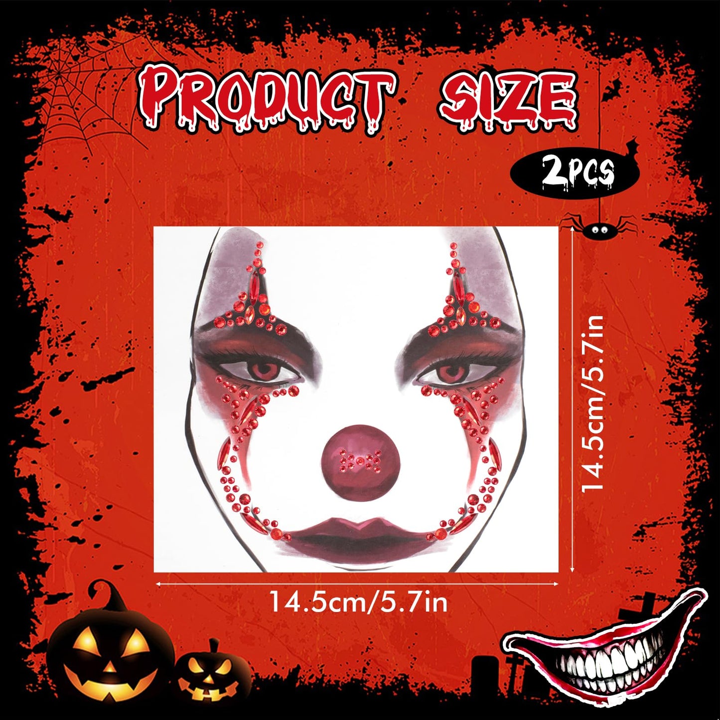 HOWAF 2 PCS Halloween Face Stickers Jewels, Clown Face Tattoos Rhinestone Temporary Tattoos for Clown Costume Halloween Costumes Men Women Kids, A