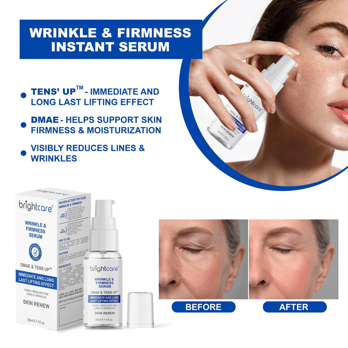 Serum Instant Firmness Results for Face | Intensive Lifting and Firming with TENS'UP™ and DMAE - Immediate and Long Last Lifting | Moisturizes and Visibly Reduces Lines & Wrinkles | by Brightcare