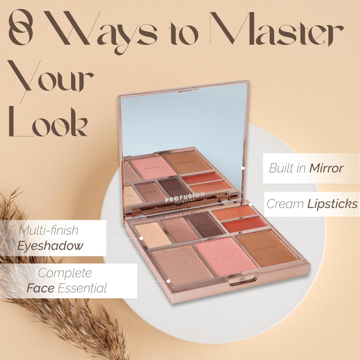 Profusion Cosmetics Full Face Palette Nude, 8 Shade Eye, Face and Lip Palette for Natural and Bold Makeup Looks, Ultimate Makeup Essential for Medium to Deep Complexions, Nude