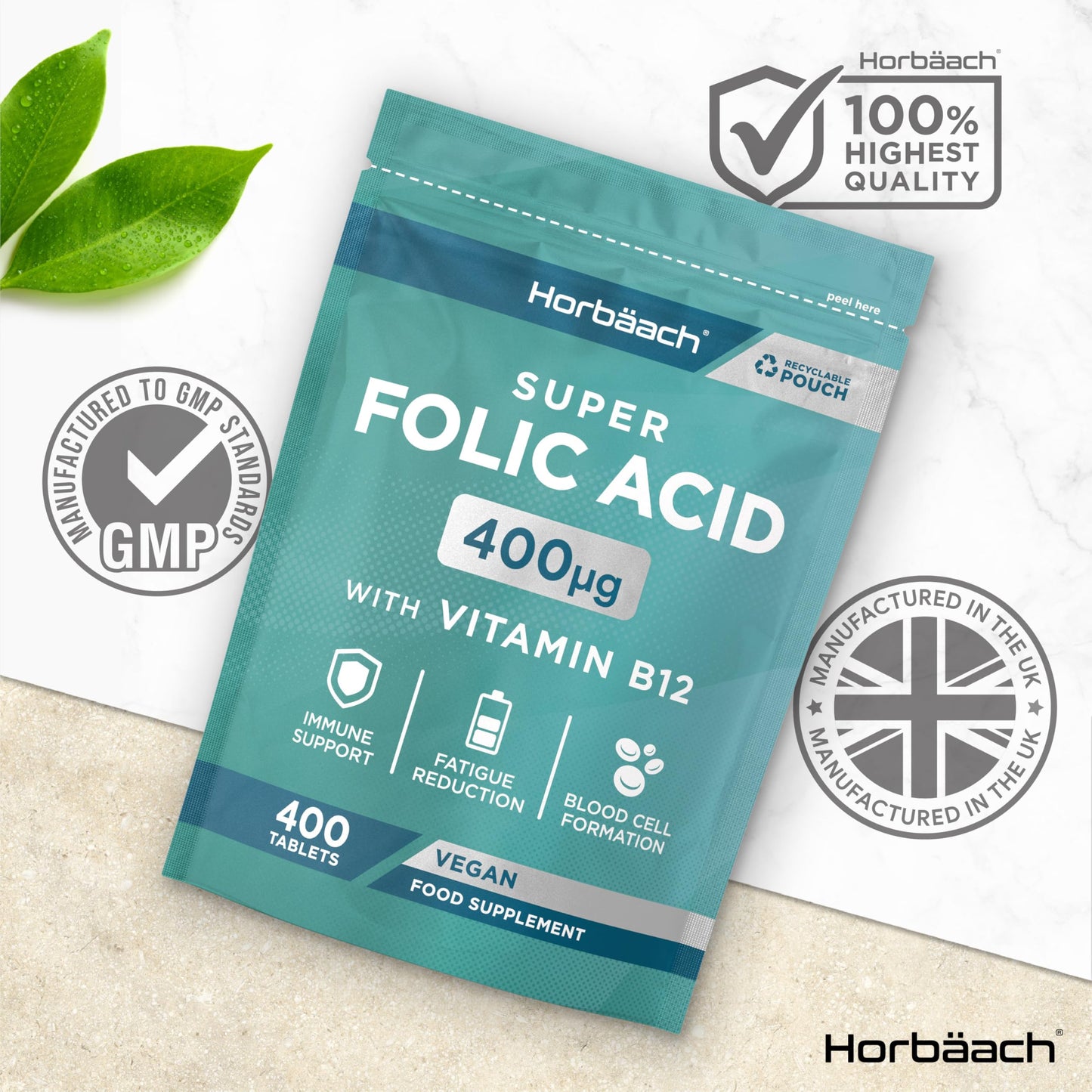 Horbäach Folic Acid Tablets 400ug | 400 Count | Super Strength Vegan Supplement with Vitamin B12 Methylcobalamin | No Artificial Preservatives | by Horbaach