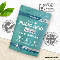 Horbäach Folic Acid Tablets 400ug | 400 Count | Super Strength Vegan Supplement with Vitamin B12 Methylcobalamin | No Artificial Preservatives | by Horbaach