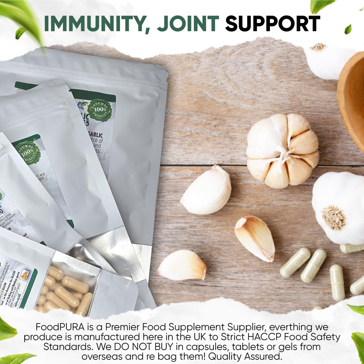 FoodPURA Pure Garlic Capsules Recommended Daily Strength 1000mg HACCP Certified, Manufactured in The UK by FoodPURA 1 Pack of 90 Capsules