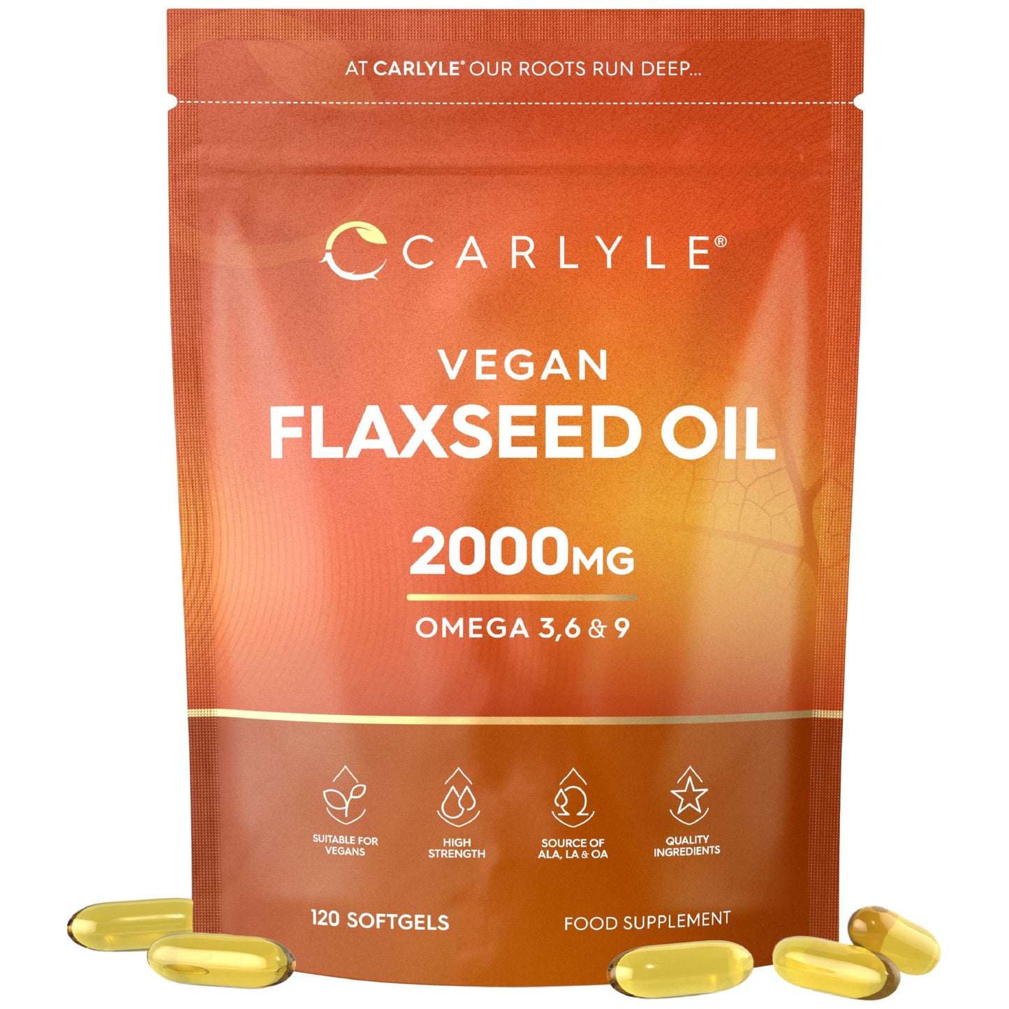 Flaxseed Oil Capsules 2000mg | 120 Vegan Softgels | High Strength Supplement with Omega 3 6 & 9 | Cold Pressed | By Carlyle
